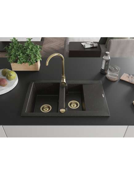 Mexen Gaspar zlewozmywak granitowy 1,5-komorowy z ociekaczem 737 x 475 mm, czarny/złoty metalik, syfon złoty - 6507731505-75-G, 3 image