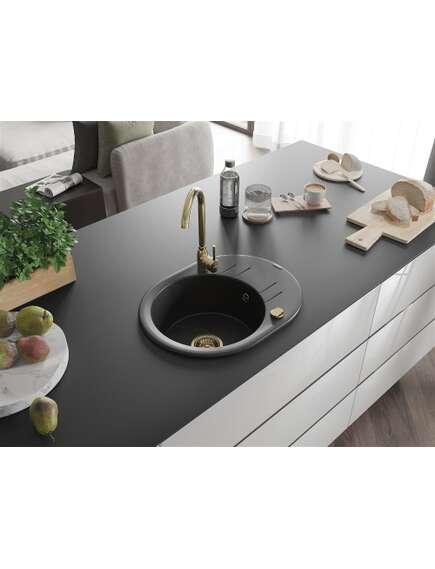 Mexen Kevin zlewozmywak granitowy 1-komorowy z ociekaczem 586 x 458 mm, czarny/srebrny metalik, syfon złoty - 6517581005-73-G, 2 image