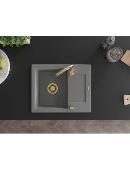 Mexen Enzo zlewozmywak granitowy 1-komorowy z ociekaczem 576 x 465 mm, szary, syfon złoty - 6506571005-71-G, изображение 4