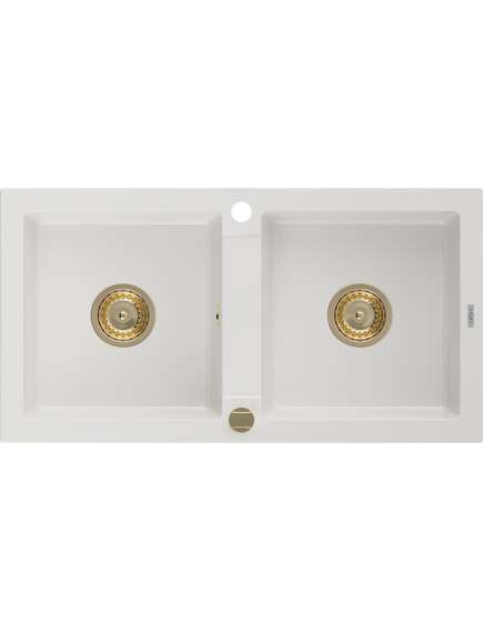 Mexen Mario zlewozmywak granitowy 2-komorowy 820 x 436 mm, biały, syfon złoty - 6504822000-20-G