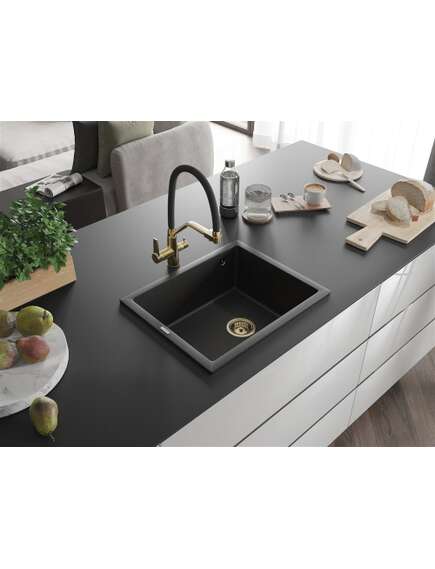 Mexen Pedro zlewozmywak granitowy 1-komorowy 560 x 460 mm, czarny/srebrny metalik, syfon złoty - 6508561000-73-G, изображение 2