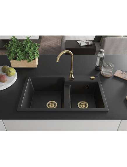 Mexen Tomas zlewozmywak granitowy 2-komorowy 800 x 500 mm, czarny, syfon złoty - 6516802000-77-G, изображение 3