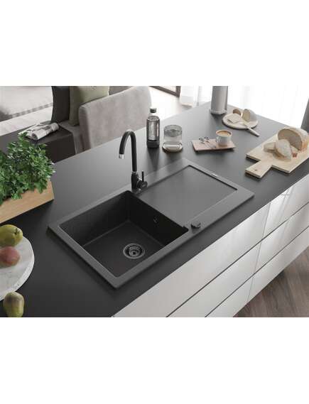 Mexen Leo zlewozmywak granitowy 1-komorowy z ociekaczem 900 x 500 mm, czarny nakrapiany, syfon czarny - 6501901010-76-B, изображение 2