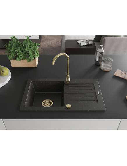 Mexen Pablo zlewozmywak granitowy 1-komorowy z ociekaczem 752 x 436 mm, czarny/złoty metalik, syfon złoty - 6510751010-75-G, 3 image