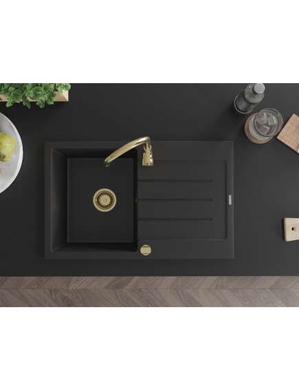 Mexen Bruno zlewozmywak granitowy 1-komorowy z ociekaczem 795 x 495 mm, czarny, syfon złoty - 6513791010-77-G, изображение 4