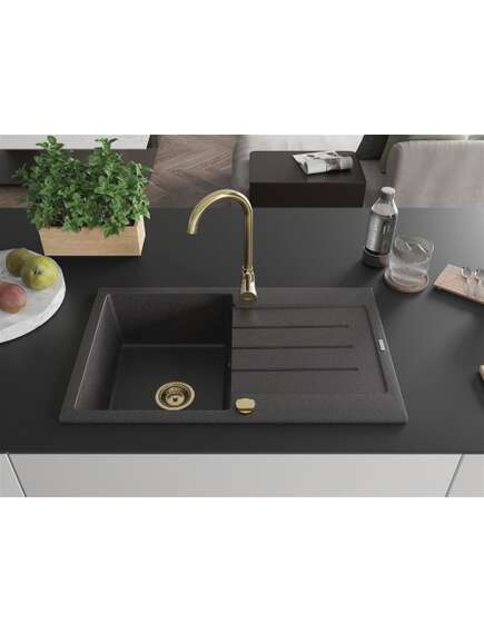 Mexen Bruno zlewozmywak granitowy 1-komorowy z ociekaczem 795 x 495 mm, czarny nakrapiany, syfon złoty - 6513791010-76-G, изображение 3