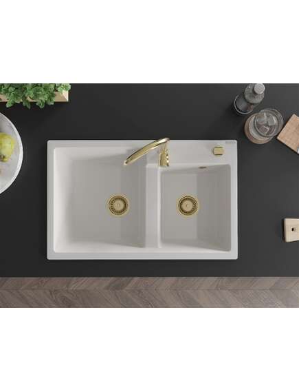 Mexen Tomas zlewozmywak granitowy 2-komorowy 800 x 500 mm, biały, syfon złoty - 6516802000-20-G, изображение 4