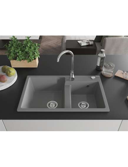 Mexen Tomas zlewozmywak granitowy 2-komorowy 800 x 500 mm, szary, syfon chrom - 6516802000-71, изображение 3