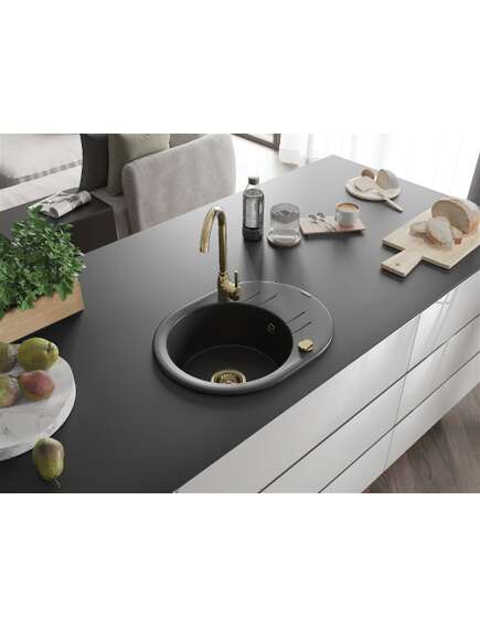 Mexen Kevin zlewozmywak granitowy 1-komorowy z ociekaczem 586 x 458 mm, czarny, syfon złoty - 6517581005-77-G, изображение 2