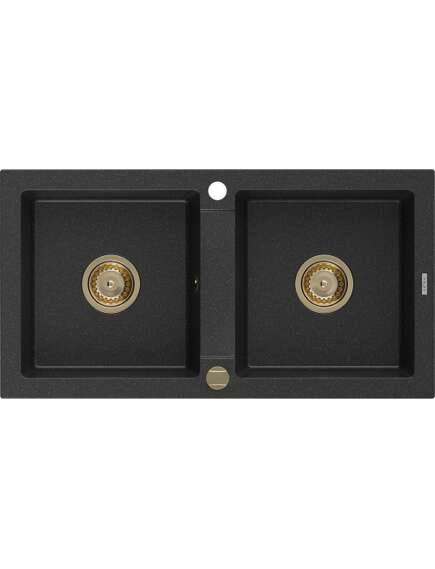 Mexen Mario zlewozmywak granitowy 2-komorowy 820 x 436 mm, czarny/srebrny metalik, syfon złoty - 6504822000-73-G