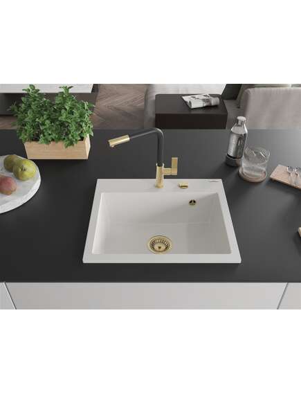 Mexen Oscar zlewozmywak granitowy 1-komorowy 580 x 490 mm, biały, syfon złoty - 6519581000-20-G, изображение 3