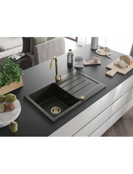 Mexen Bruno zlewozmywak granitowy 1-komorowy z ociekaczem 795 x 495 mm, czarny/złoty metalik, syfon złoty - 6513791010-75-G, изображение 2