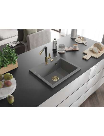 Mexen Oscar zlewozmywak granitowy 1-komorowy 580 x 490 mm, szary, syfon złoty - 6519581000-71-G, 2 image