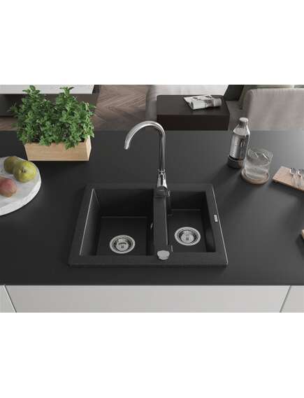 Mexen Carlos zlewozmywak granitowy 1,5-komorowy 582 x 475 mm, czarny/srebrny metalik, syfon chrom - 6518581500-73, изображение 3