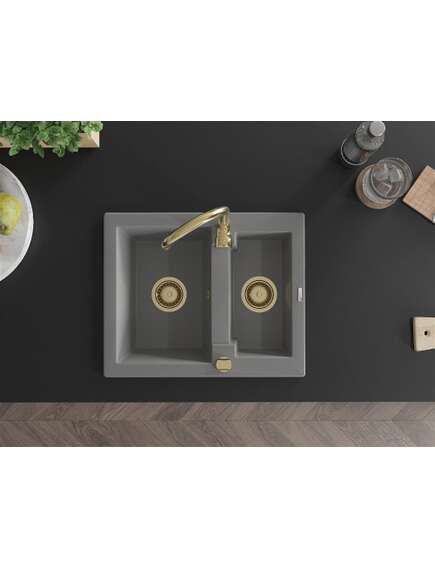 Mexen Carlos zlewozmywak granitowy 1,5-komorowy 582 x 475 mm, szary, syfon złoty - 6518581500-71-G, изображение 4