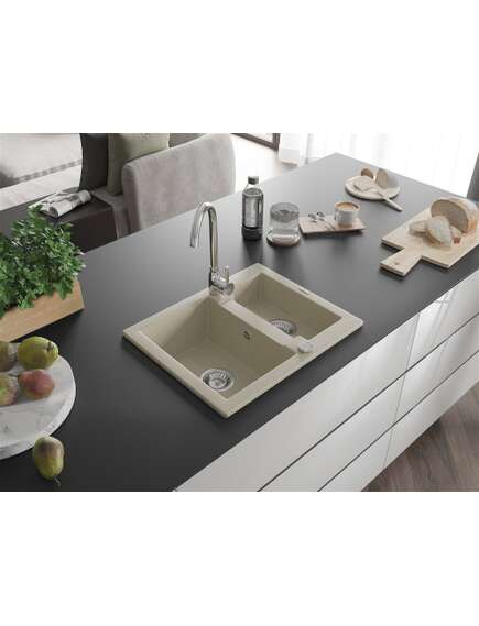 Mexen Carlos zlewozmywak granitowy 1,5-komorowy 582 x 475 mm, beżowy, syfon chrom - 6518581500-69, изображение 2