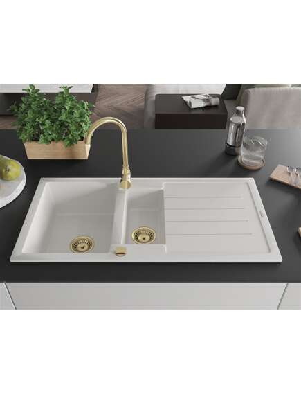 Mexen Andres zlewozmywak granitowy 1,5-komorowy z ociekaczem 1000 x 500 mm, biały, syfon złoty - 6515101510-20-G, изображение 3