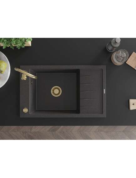 Mexen Elias zlewozmywak granitowy 1-komorowy z ociekaczem 795 x 480 mm, czarny nakrapiany, syfon złoty - 6511791005-76-G, 4 image