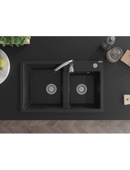 Mexen Tomas zlewozmywak granitowy 2-komorowy 800 x 500 mm, czarny/srebrny metalik, syfon chrom - 6516802000-73, изображение 4