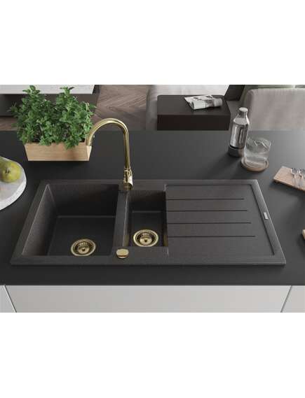 Mexen Andres zlewozmywak granitowy 1,5-komorowy z ociekaczem 1000 x 500 mm czarny nakrapiany, syfon złoty - 6515101510-76-G, 3 image