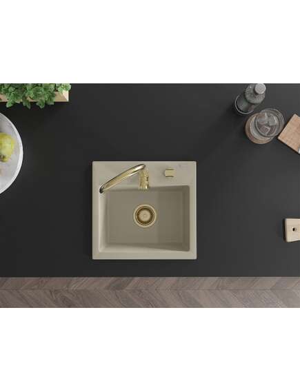 Mexen Milo zlewozmywak granitowy 1-komorowy 435 x 410 mm, beżowy, syfon złoty - 6505441000-69-G, изображение 4