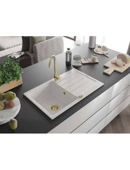 Mexen Bruno zlewozmywak granitowy 1-komorowy z ociekaczem 795 x 495 mm, biały, syfon złoty - 6513791010-20-G, изображение 2