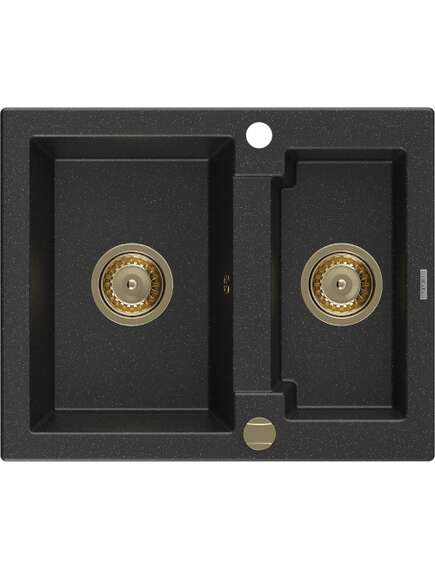 Mexen Carlos zlewozmywak granitowy 1,5-komorowy 582 x 475 mm, czarny/srebrny metalik, syfon złoty - 6518581500-73-G