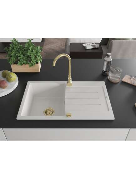 Mexen Bruno zlewozmywak granitowy 1-komorowy z ociekaczem 795 x 495 mm, biały, syfon złoty - 6513791010-20-G, изображение 3