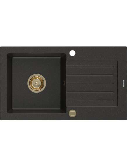 Mexen Pablo zlewozmywak granitowy 1-komorowy z ociekaczem 752 x 436 mm, czarny/złoty metalik, syfon złoty - 6510751010-75-G