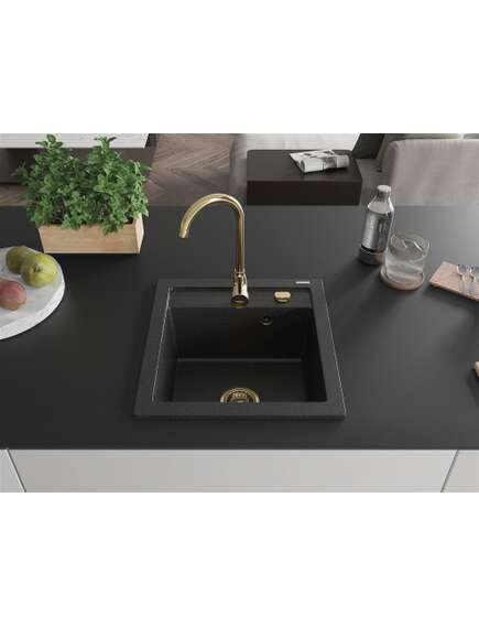 Mexen Vito zlewozmywak granitowy 1-komorowy 520 x 490 mm, czarny/srebrny metalik, syfon złoty - 6503521000-73-G, изображение 3