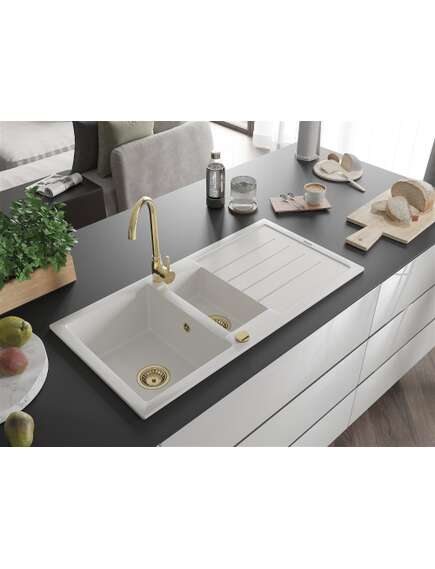 Mexen Andres zlewozmywak granitowy 1,5-komorowy z ociekaczem 1000 x 500 mm, biały, syfon złoty - 6515101510-20-G, изображение 2