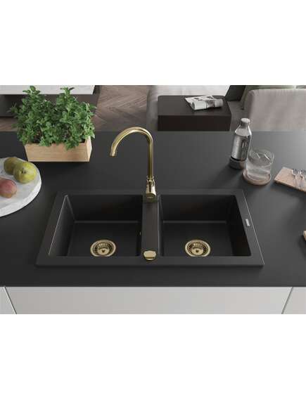 Mexen Mario zlewozmywak granitowy 2-komorowy 820 x 436 mm, czarny, syfon złoty - 6504822000-77-G, изображение 3