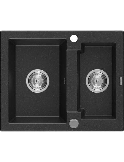 Mexen Carlos zlewozmywak granitowy 1,5-komorowy 582 x 475 mm, czarny/srebrny metalik, syfon chrom - 6518581500-73