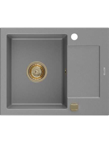 Mexen Enzo zlewozmywak granitowy 1-komorowy z ociekaczem 576 x 465 mm, szary, syfon złoty - 6506571005-71-G