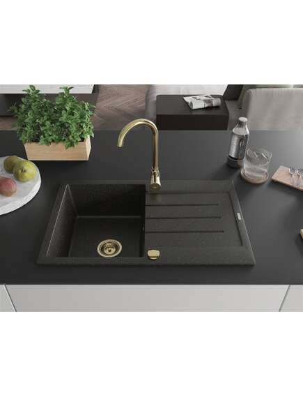 Mexen Bruno zlewozmywak granitowy 1-komorowy z ociekaczem 795 x 495 mm, czarny/złoty metalik, syfon złoty - 6513791010-75-G, изображение 3