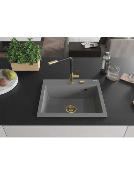 Mexen Oscar zlewozmywak granitowy 1-komorowy 580 x 490 mm, szary, syfon złoty - 6519581000-71-G, 3 image