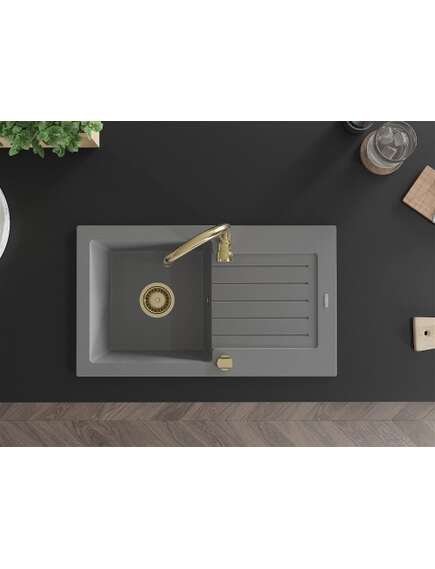 Mexen Pablo zlewozmywak granitowy 1-komorowy z ociekaczem 752 x 436 mm, szary, syfon złoty - 6510751010-71-G, изображение 4