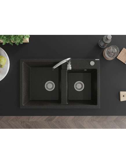 Mexen Tomas zlewozmywak granitowy 2-komorowy 800 x 500 mm, czarny/złoty metalik, syfon chrom - 6516802000-75, изображение 4