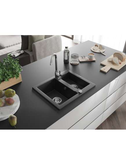 Mexen Carlos zlewozmywak granitowy 1,5-komorowy 582 x 475 mm, czarny/srebrny metalik, syfon chrom - 6518581500-73, изображение 2