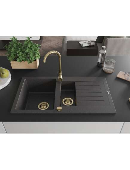 Mexen Matias zlewozmywak granitowy 1,5-komorowy z ociekaczem 900 x 505 mm, czarny nakrapiany, syfon złoty - 6502901505-76-G, изображение 3