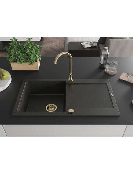 Mexen Leo zlewozmywak granitowy 1-komorowy z ociekaczem 900 x 500 mm, czarny/złoty metalik, syfon złoty - 6501901010-75-G, изображение 3