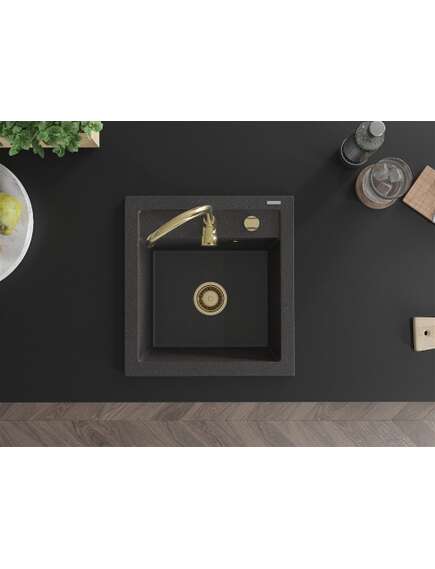 Mexen Vito zlewozmywak granitowy 1-komorowy 520 x 490 mm, czarny nakrapiany, syfon złoty - 6503521000-76-G, изображение 4