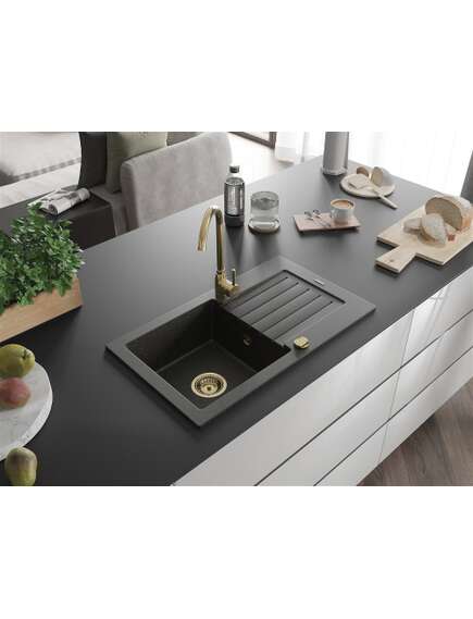 Mexen Pablo zlewozmywak granitowy 1-komorowy z ociekaczem 752 x 436 mm, czarny/złoty metalik, syfon złoty - 6510751010-75-G, 2 image