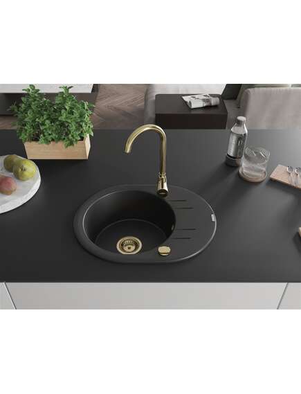 Mexen Kevin zlewozmywak granitowy 1-komorowy z ociekaczem 586 x 458 mm, czarny, syfon złoty - 6517581005-77-G, изображение 3