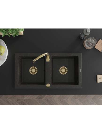 Mexen Mario zlewozmywak granitowy 2-komorowy 820 x 436 mm, czarny/złoty metalik, syfon złoty - 6504822000-75-G, изображение 4