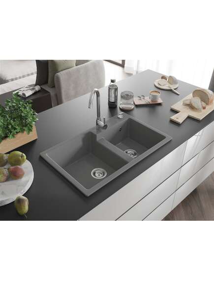 Mexen Tomas zlewozmywak granitowy 2-komorowy 800 x 500 mm, szary, syfon chrom - 6516802000-71, изображение 2