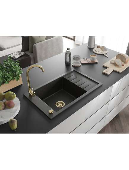 Mexen Elias zlewozmywak granitowy 1-komorowy z ociekaczem 795 x 480 mm, czarny/złoty metalik, syfon złoty - 6511791005-75-G, 2 image