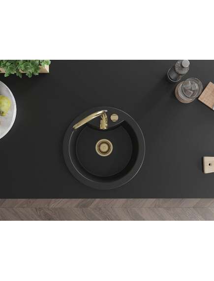 Mexen Diego zlewozmywak granitowy 1-komorowy 488 x 480 mm, czarny, syfon złoty - 6512481000-77-G, изображение 4