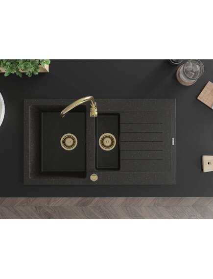 Mexen Matias zlewozmywak granitowy 1,5-komorowy z ociekaczem 900 x 505 mm, czarny/złoty metalik, syfon złoty - 6502901505-75-G, изображение 4