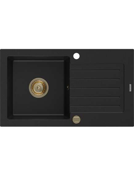 Mexen Pablo zlewozmywak granitowy 1-komorowy z ociekaczem 752 x 436 mm, czarny, syfon złoty - 6510751010-77-G